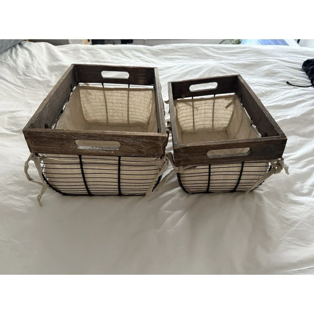 2 Rectangular Metal Storage Baskets Bins For Home - Farmhouse Style